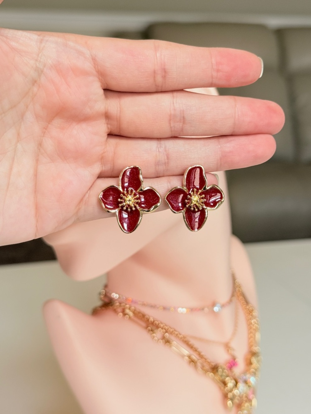 Gold and Burgundy Flower Stud Earrings - Picture 12 of 13